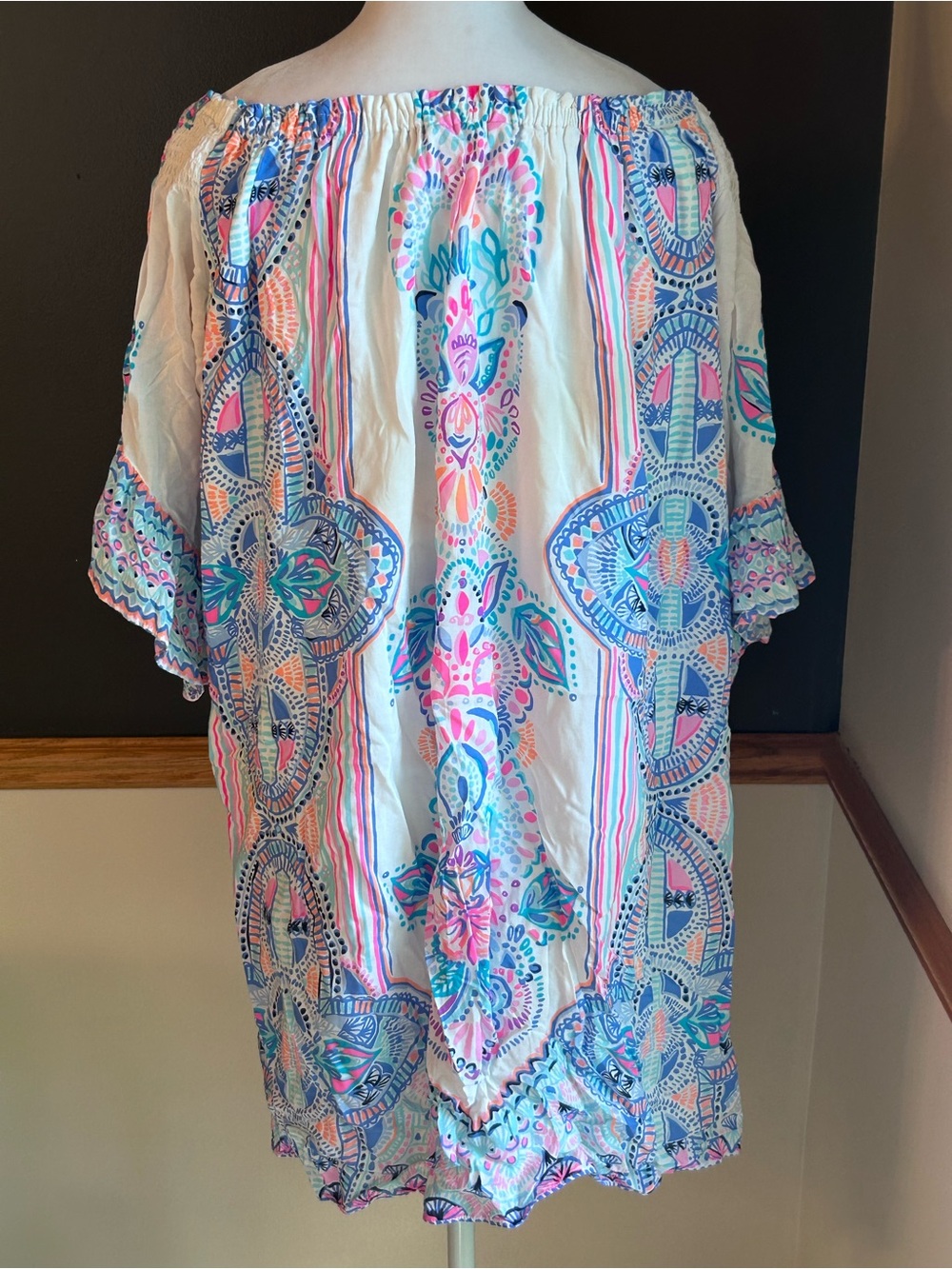 Lilly Pulitzer Fawna Off-The-Shoulder Dress White Pink Blue Chic Retreat Large - Picture 5 of 10